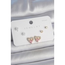 Pirinç Gold Renk Pembe Zirkon Taşlı Kalp Model Inci Detay 925 Ayar Kadın Küpe Seti
