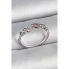 Pirinç Gümüş Renk Pembe Damla Zirkon Taşlı Ayarlanabilir Model Kadın Yüzük