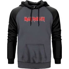 Iron Maiden Red Text Gri Renk Reglan Kol Kapşonlu Sweatshirt