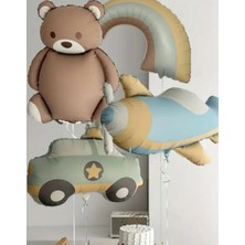 Retro Sevimli Ayıcık Teddy Bear Gökkuşağı Uçak ve Polis Arabası Folyo Balon Seti