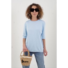 Mavi Bisiklet Yaka Arka Damla Kısa Kol Kazak