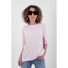 Pembe Bisiklet  Yaka Arka Damla Kısa Kol Kazak