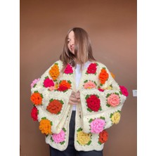 Gül Motifli El Örgüsü Kadın Hırka,özel Tasarım