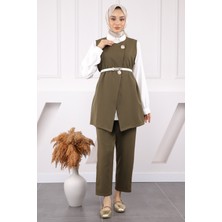 İmaj Butik Haki Gömlek Yelek Pantolon Üçlü Kombin Takım