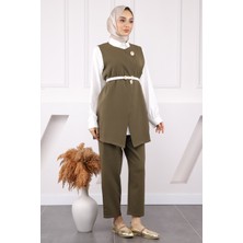 İmaj Butik Haki Gömlek Yelek Pantolon Üçlü Kombin Takım