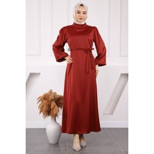 İmaj Butik Mürdüm Hakim Yaka Balon Kol Saten Abiye Elbise