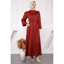 İmaj Butik Mürdüm Hakim Yaka Balon Kol Saten Abiye Elbise