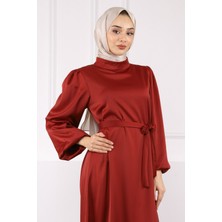 İmaj Butik Mürdüm Hakim Yaka Balon Kol Saten Abiye Elbise