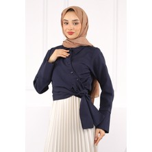 İmaj Butik Lacivert Bel Bağlamalı Crop Gömlek