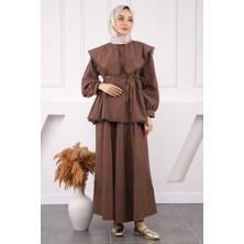 İmaj Butik Bordo Yaka Detaylı Bluz Etekli Takım
