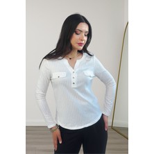 Lupinn Moda Kadın Beyaz Simli /sim Çizgili Cep Detaylı Uzun Kollu Bluz