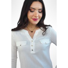 Lupinn Moda Kadın Beyaz Simli /sim Çizgili Cep Detaylı Uzun Kollu Bluz