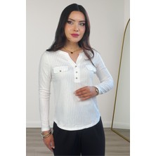 Lupinn Moda Kadın Beyaz Simli /sim Çizgili Cep Detaylı Uzun Kollu Bluz