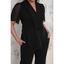 Ceket Yaka Taş Detaylı Bluz Pantolon Büyük Beden Abiye Takım 024