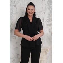 Ceket Yaka Taş Detaylı Bluz Pantolon Büyük Beden Abiye Takım 024