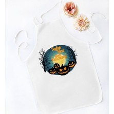 Mediterian Kişiye Özel Renkli Halloween Temalı Beyaz Pamuk Mutfak Önlüğü, Eğlenceli ve Şık Tasarım