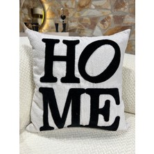 1 Adet Home Yazılı Puffy Nakış Kırlent Kılıfı 43 x 43  cm  Siyah-Beyaz Fermuarlı Pamuklu