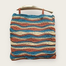 Gojo Handmade Shopper Model Mavi-Bej-Kiremit Renklerinde Polyester Makrome Stil El Çantası