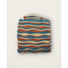 Gojo Handmade Shopper Model Mavi-Bej-Kiremit Renklerinde Polyester Makrome Stil El Çantası