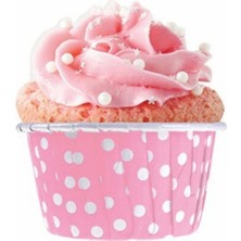 Teknotrust Muffin Cupcake Kek Kalıbı Kapsülü Pembe Renk Beyaz Puantiyeli Özel Pet Kapsül 20 Adet