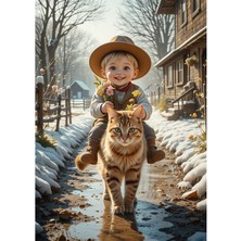 Bedeko Kedi Sırtında Şapkalı Sevimli Çocuk Ahşap Tablo