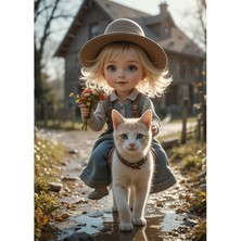 Bedeko Kedi Üzerinde Çiçek Tutan Şapkalı Kız Ahşap Tablo