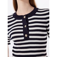 Mustang Düğmeli Bisiklet Yaka Normal Çizgili Lacivert - Beyaz Kazak Kadın M5SL-KZK1910