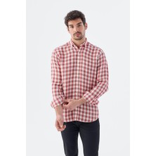 Jakamen Kırmızı Comfort Fit Kareli %100 Keten Gömlek