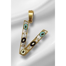 14 Ayar Altın Nazar Boncuklu Göz V Harf Kolye Ucu