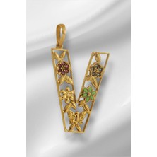 14 Ayar Altın V Harfli Çiçekli Cennet Bahçesi Kolye Ucu