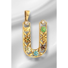 14 Ayar Altın Ü Harfli Çiçekli Cennet Bahçesi Kolye Ucu