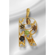 14 Ayar Altın R Harfli Çiçekli Cennet Bahçesi Kolye Ucu