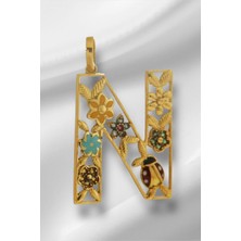 14 Ayar Altın N Harfli Çiçekli Cennet Bahçesi Kolye Ucu