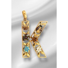14 Ayar Altın K Harfli Çiçekli Cennet Bahçesi Kolye Ucu
