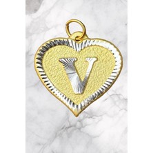 14 Ayar Altın V Harfli Nostaljik Kalp Kolye Ucu