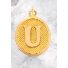 14 Ayar Altın Vintage Oval U Harf Kolye Ucu