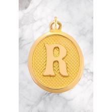 14 Ayar Altın Vintage Oval R Harf Kolye Ucu