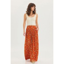 Desenli Beli Gipeli Salaş Etekli Pantolon Turuncu