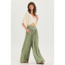 Desenli Beli Gipeli Salaş Etekli Pantolon Yeşil