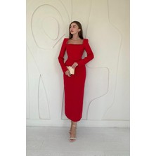 Elbee Fashion Woman Kırmızı İnci Vatkalı Elbise