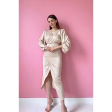 Elbee Fashion Woman Krem V Yaka Saten Elbise
