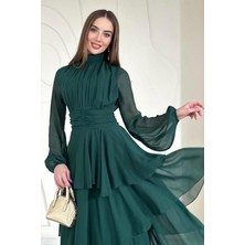 Elbee Fashion Woman Zümrüt Dik Yaka Bel Detaylı Elbise