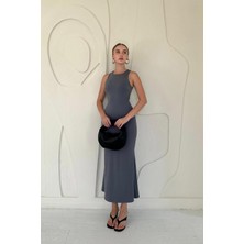 Elbee Fashion Woman Gri Kolsuz Bisiklet Yaka Elbise
