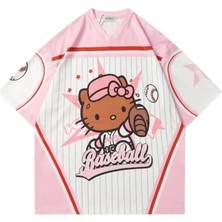 Touz Moda Pembe Kitty V Yaka Forma Kadın Günlük TShirt Kısa Kol Pamuk Regular Fit