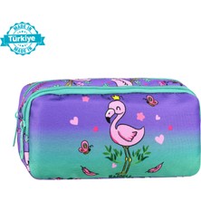 Canloor Waddell Lisanslı Su Yeşili-Lila Flamingo Desenli 2 Cepli Kalem Çantası