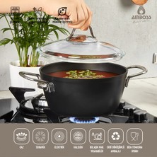 Amboss Dark Granit Cam Kapaklı Yanmaz Yapışmaz Titanyum Kaplama Derin Tencere - 20 cm