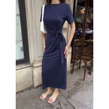 Defy Moda Osy Modal Yumuşak Dokulu Kumaş Bisiklet Yaka Kısa Kollu Kuşaklı Uzun Elbise - Mavi