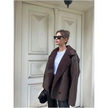 Else Acı Kahve Dokulu Süet Içi Peluşlu Oversize Zr Model Mont