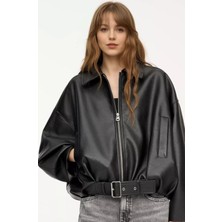 P&b Kadın Oversize Bomber Ceket – Suni Deri, Astarlı, Kemerli, Fermuarlı, Çift Cepli Şık Tasarım