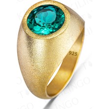 925 Ayar Gümüş Altın Kaplama Yuvarlak Deniz Mavisi Zirkon Taşlı Erkek Yüzük